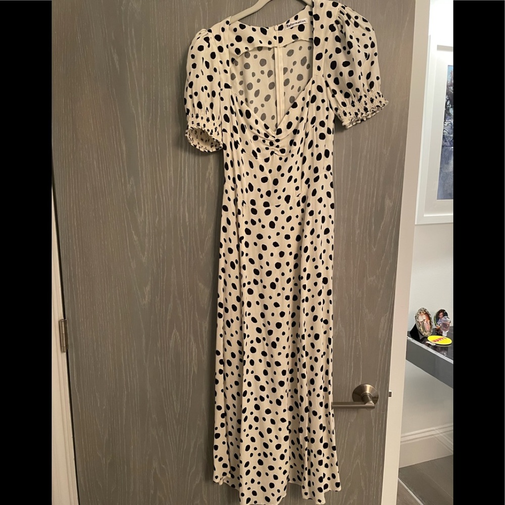 reformation polka dot dress, midi length